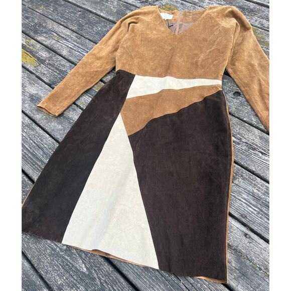 Vintage Margaret Godfrey Patchwork Leather Dress Long Sleeve Lined Sz 12 - Picture 3 of 9